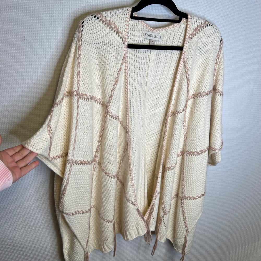 Knox Rose Cream Mauve Whipstitch Open Front Kimono Cardigan Sweater Small